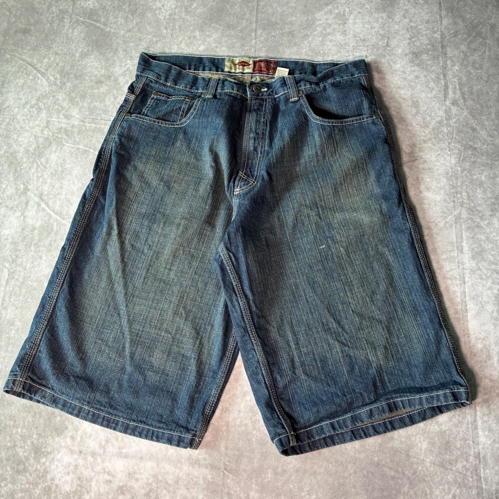 Y2K Evolution Jeans Mens 38 Baggy Denim Shorts Dark Wash Skater Wide Leg Blue